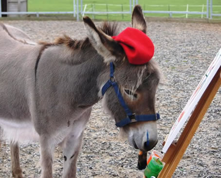 Painting donkey exhibits her artwork