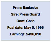 Press Exclusive Sire: Press Guard Dam: Gosh Foal date: May 5, 1996 Earnings: $436,810