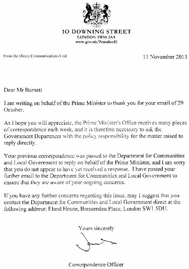 No 10 Downing Street replies to Tony Barnett