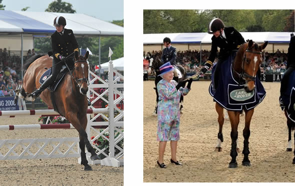 Gus competing in the Services class at Royal Windsor 2008 – and being presented to the Queen 